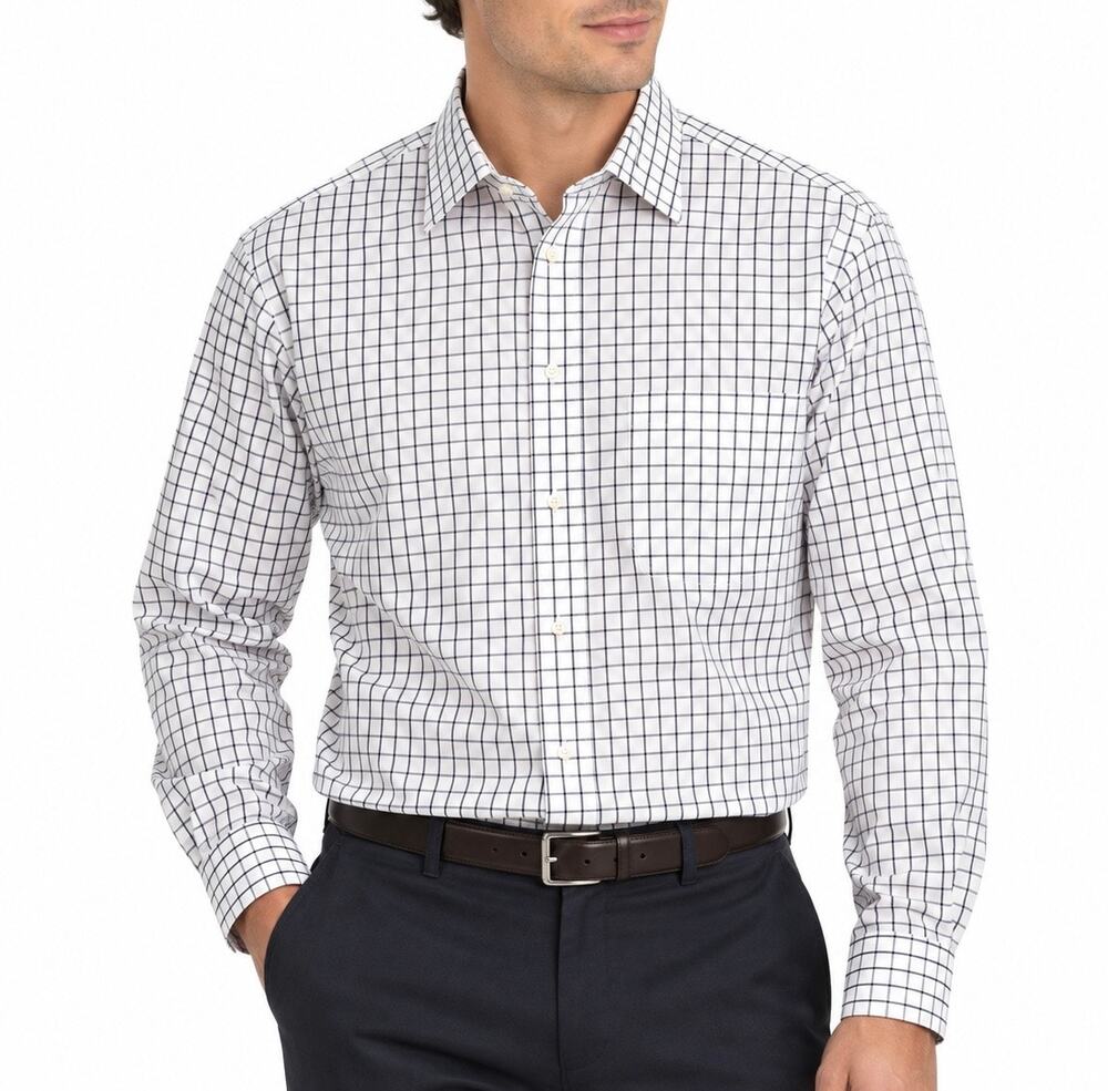 B by Brooks Brothers White Dark Blue Grid Check Non Iron Dress Shirt 17 34/35